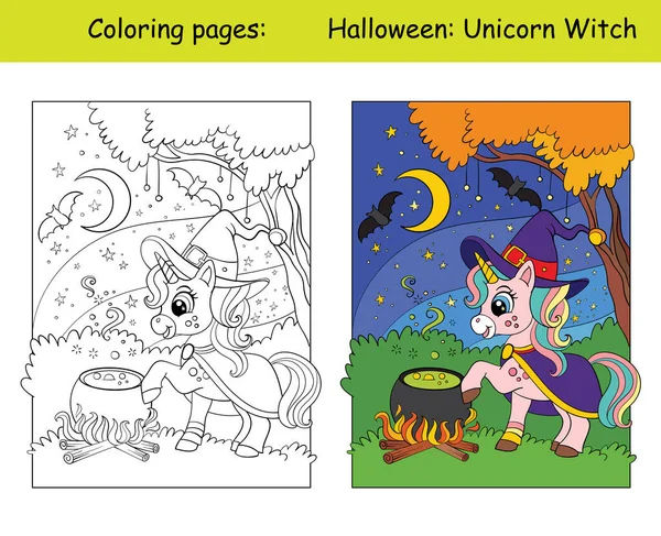 Słodka Czarownica Jednorożcowa Magiczny Kocioł Koncepcja Halloween Kolorowanki Dla Dzieci — Wektor stockowy