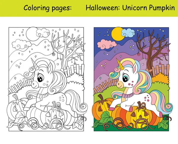 Unicorno Carino Giace Sulle Zucche Concetto Halloween Libro Colorare Pagina — Vettoriale Stock