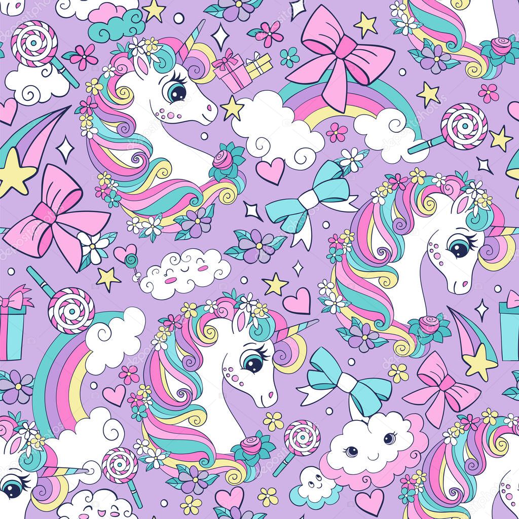 Vector seamless pattern with cute unicorns and magic elements