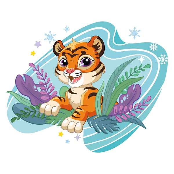 Bonito Desenho Animado Pequeno Tigre Com Plantas Beleza Flocos Neve — Vetor de Stock