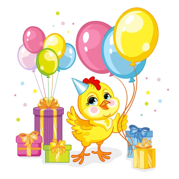 Vector illustration cartoon chicken with present and balloons — Stock Vector