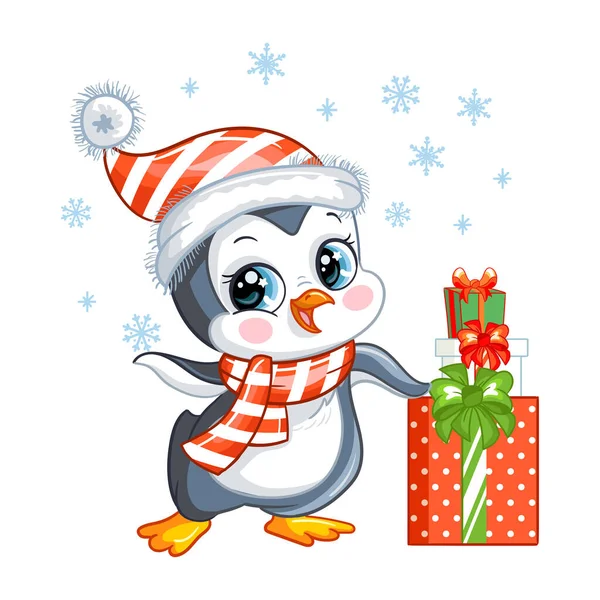 Cute Penguin Boy Christmas Hat Gifts Snowflakes Cartoon Bird Character — Stock Vector