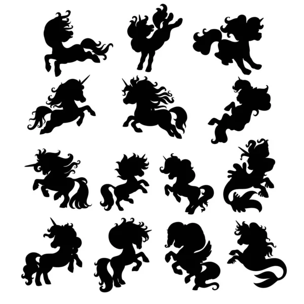 Ensemble Licornes Dessin Animé Mignon Mouvement Modèle Illustration Vectorielle Silhouette — Image vectorielle