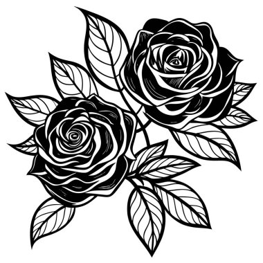 Detaylı yapraklı iki zarif gülün siyah beyaz çizimi