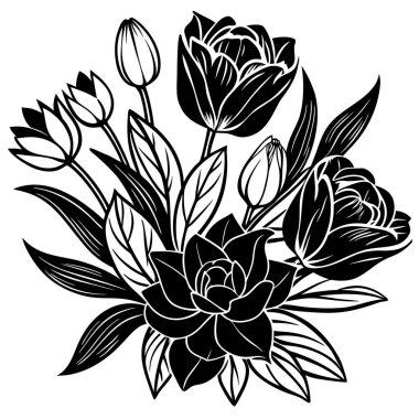 Laleli ve sulu çiçek aranjmanının siyah beyaz çizimi.