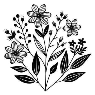 Yapraklar ve böğürtlenlerle narin el çizimi çiçek aranjmanı