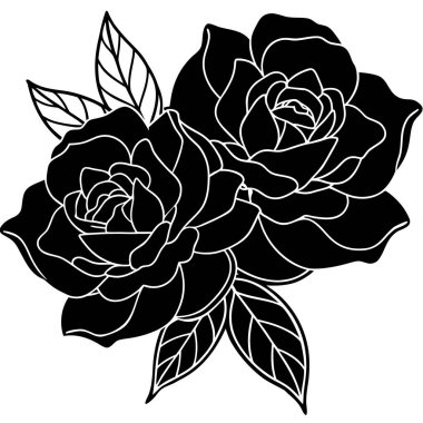 Çiçek açan iki gülün zarif siyah beyaz çizgisi.