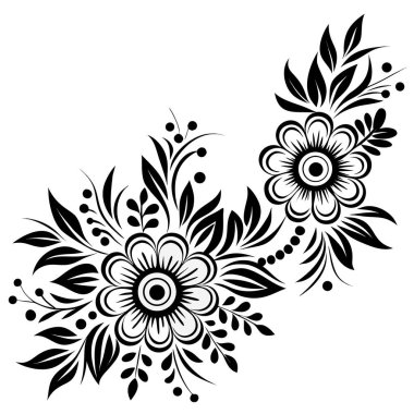 Ayrıntılı taç yaprakları ve yaprakları olan zarif siyah çiçek deseni.