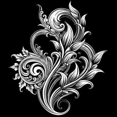 Karmaşık beyaz çiçekli girdaplar ve siyah arkaplanda yapraklar