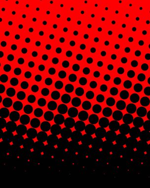 Alta doğru kademeli olarak küçülen siyah noktalı kırmızı bir zemin, yarım tonluk bir etki yaratıyor. Noktalar yoğun bir şekilde toplanır ve dibe doğru seyrekleşir, katı siyah bir alana dönüşür..