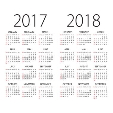 Soyut 2017 ve haftanın ilk gününün Pazar ile 2018 vektör takvim