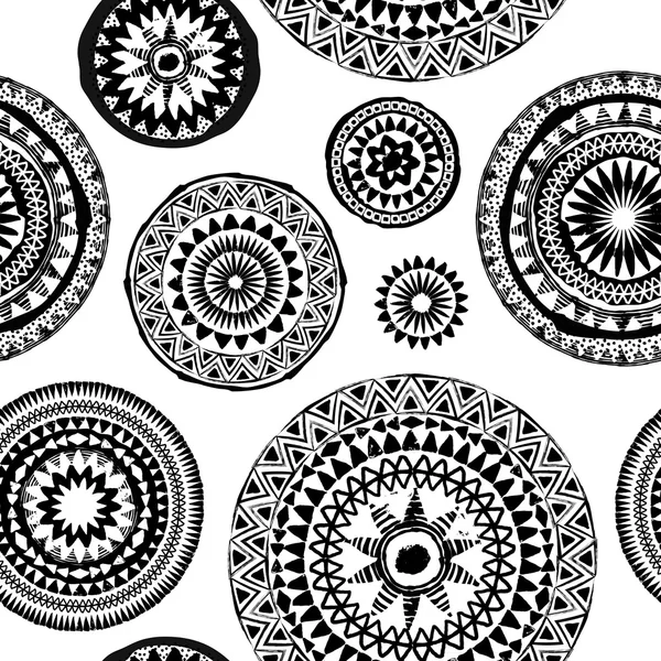 Mandala abstrakte Vektor ethnische Kunst nahtlose Schwarz-Weiß-Muster — Stockvektor