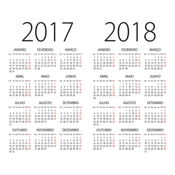 2017 y 2018 años calendario vectorial portugués . — Archivo Imágenes Vectoriales