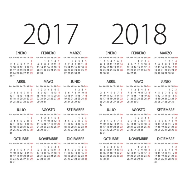 2017 and 2018 years Spanish vector calendar. — Stock Vector