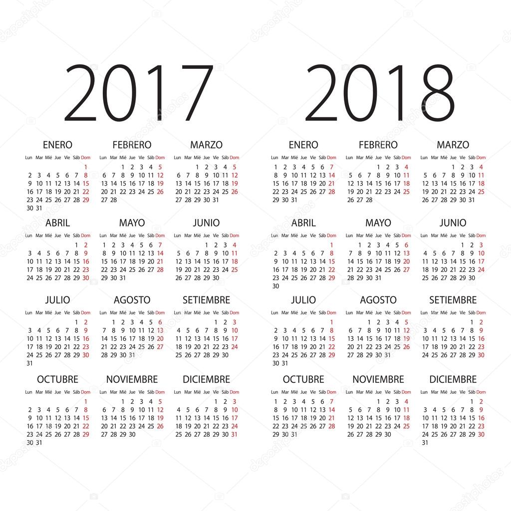 2017 and 2018 years Spanish vector calendar.