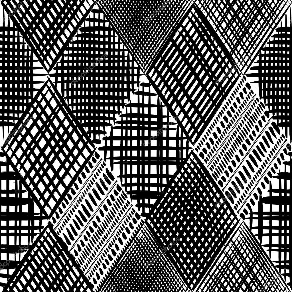 Abstract grunge rhombus monochrome vector seamless pattern. Tribal texture