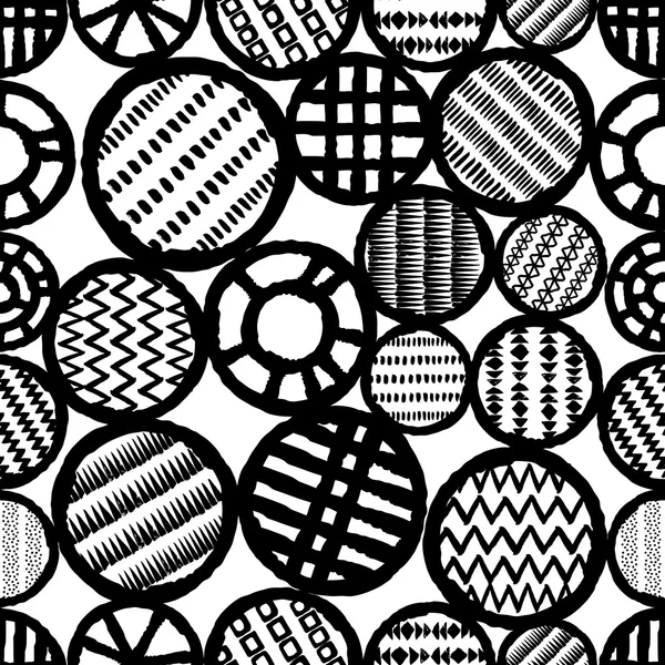 Abstrato grunge círculos monocromáticos vetor padrão sem costura. Textura tribal — Vetor de Stock
