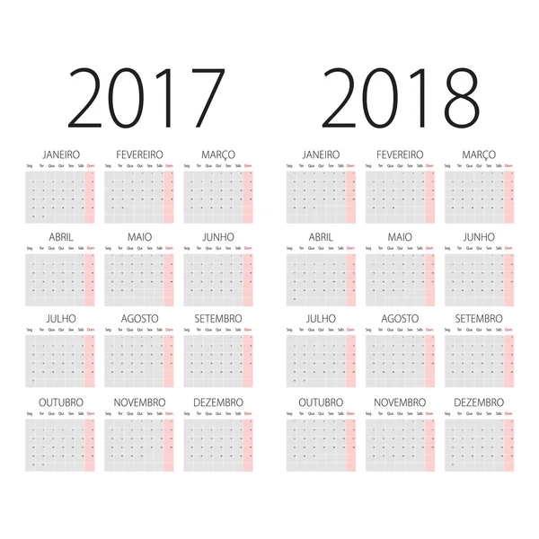 2017 et 2018 ans Calendrier vectoriel portugais . — Image vectorielle