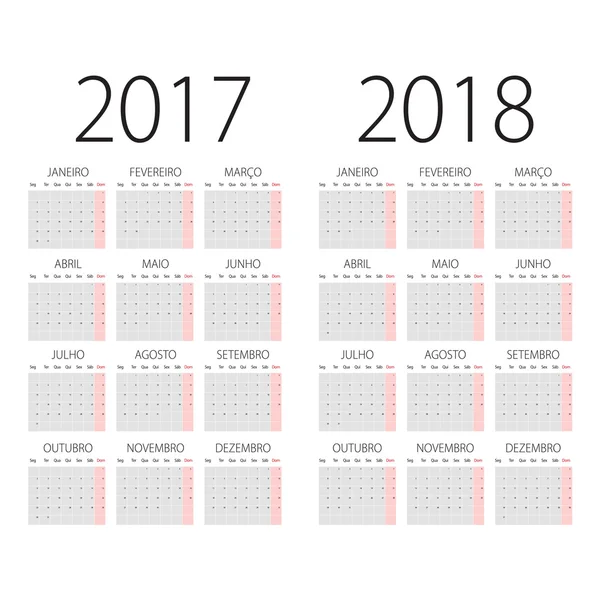 2017 and 2018 years Portuguese vector calendar. — Stock Vector