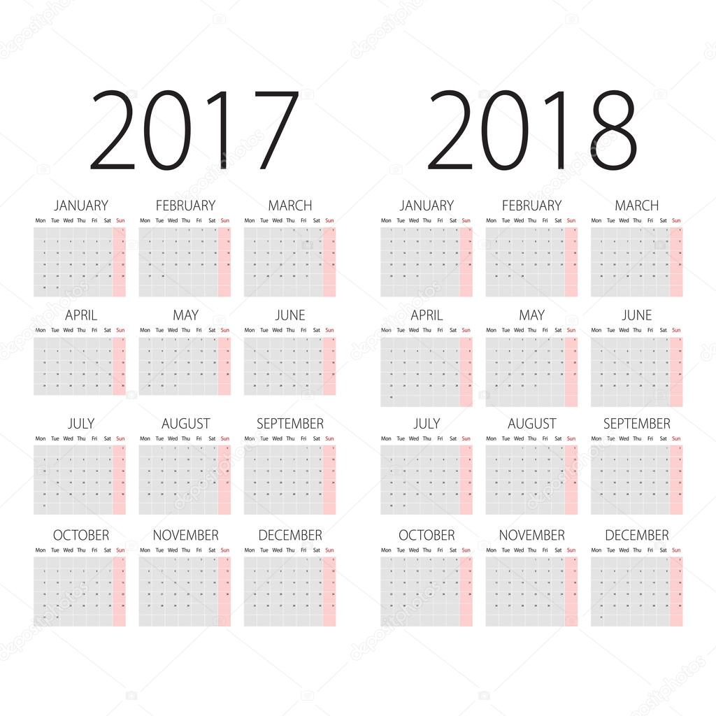 Résumé 2017 et calendrier 2018 vector avec lundi le 