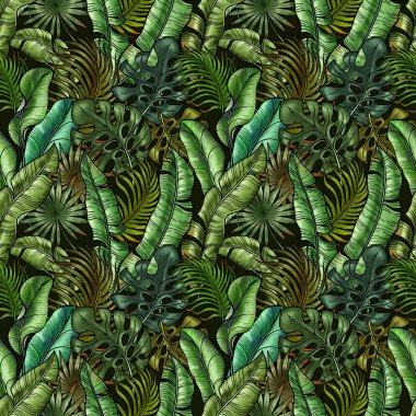 Tekstil ya da kart ve davetiye için verimli tropik yeşillik içeren el yapımı, pürüzsüz desenler. Paket kağıdı, yeşil tropikal yapraklı duvar kağıdı. Yağmur ormanı döngülü arkaplan