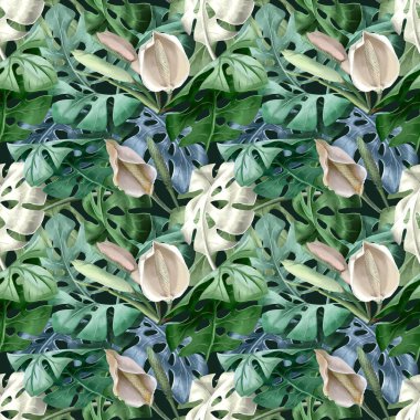 Kusursuz desenli, Monstera yapraklı tekstil ve çiçek ve meyveli Bush. Yeşil, mavi ve koyu renkli yapraklar. Tropikal çalı. Paketlemek için Açan Canavar