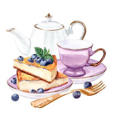 Suluboya boyalı yaban mersini tatlısı. Çay için tatlı ikramları. Böğürtlenli hamur işi. Çay içmek için yabanmersini aşçısı ve masa malzemeleri.