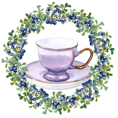 El çizimi sofra takımı. Böğürtlen çayı içmek için masa malzemeleri. Çay için çaydanlık ve kupa. Menü tasarımı için suluboya tekniği. Çay kartları ögeleri