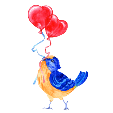 Küçük kuş. Sevgililer Günü sembollü mavi-sarı bir kuş. Kırmızı Kalpler. Kartlar için suluboya çizimi