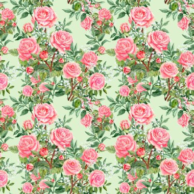 Nane yeşili arka planda açık pembe güller olan pürüzsüz bir desen. Paketleme veya tekstil için döngü arkaplan. Anneler günü için kırılgan tasarım
