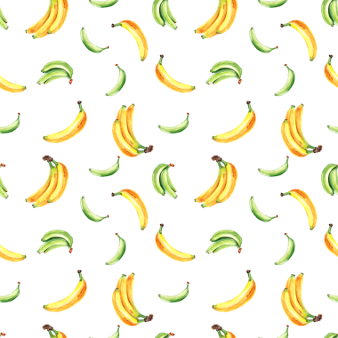 Tekstil ve ambalaj kağıdı için elle çizilmiş pürüzsüz desen. Muz palmiyesi yapraklarının suluboya çizimi, yeşil ve sarı muzlar, tropik yeşillik. Yağmur ormanları yeşilliği. Muz ağacı çiçeği.