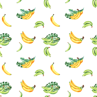 Tekstil ve ambalaj kağıdı için elle çizilmiş pürüzsüz desen. Muz palmiyesi yapraklarının suluboya çizimi, yeşil ve sarı muzlar, tropik yeşillik. Yağmur ormanları yeşilliği. Muz ağacı çiçeği.