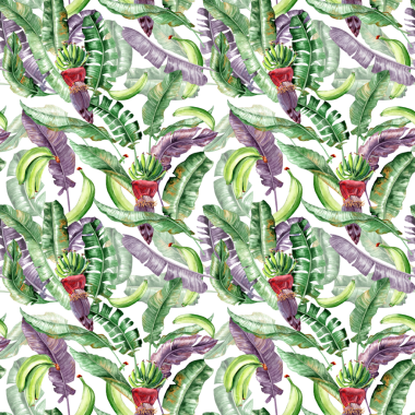 Tekstil ve ambalaj kağıdı için elle çizilmiş pürüzsüz desen. Muz palmiyesi yapraklarının suluboya çizimi, yeşil ve sarı muzlar, tropik yeşillik. Yağmur ormanları yeşilliği. Muz ağacı çiçeği.