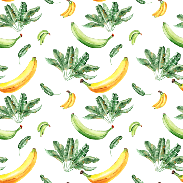 Tekstil ve ambalaj kağıdı için elle çizilmiş pürüzsüz desen. Muz palmiyesi yapraklarının suluboya çizimi, yeşil ve sarı muzlar, tropik yeşillik. Yağmur ormanları yeşilliği. Muz ağacı çiçeği.