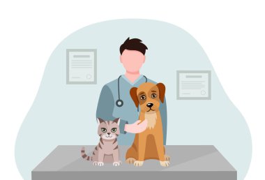 Veteriner kliniğindeki bir köpek ve kedinin veteriner muayenesinin vektör çizimi. Dost canlısı bir doktor bir köpeği ve bir kediyi muayene eder. Veteriner kliniğinde veteriner. Hayvan bakımı konsepti.