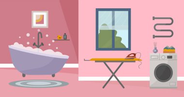 Düz vektör tarzında şık bir banyo. Aksesuarlar: Şampuan, duş jeli, sabun, raf, tabure, vazo, havlu. Sevdiğinle aşk..