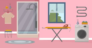 Duş, çamaşır makinesi, ütü masası ve geniş pencereli modern banyo. Döşeme duvarları, çamaşır odası ve minimalist dekorları olan rahat bir ev banyosu. Vektör düz resimleme.