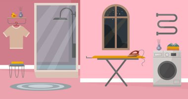 Duş, çamaşır makinesi, ütü masası ve geniş pencereli modern banyo. Döşeme duvarları, çamaşır odası ve minimalist dekorları olan rahat bir ev banyosu. Vektör düz resimleme.