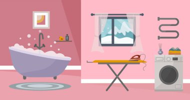 Küvet, çamaşır makinesi, ütü masası ve geniş pencereli modern banyo. Kiremit duvarları, çamaşır odası ve minimalist dekorları olan rahat bir ev banyosu. Vektör düz resimleme.