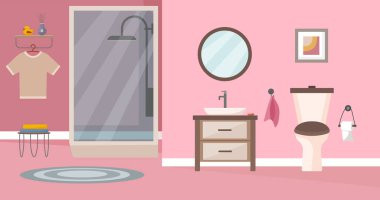 Banyo içi, banyo, tuvalet, lavabo ve ayna olan modern banyo. Düz bir şekilde vektör illüstrasyonu. İç konsept. Ev ve iç dekorasyon.