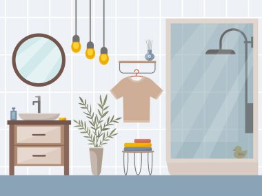 Duş kabini, ayna ve lavabo, aksesuarlar: şampuan, duş jeli, sabun, saksı, raf, havluyla dolu tabure. Banyo ışıkları. Düz biçimli vektör illüstrasyonu.