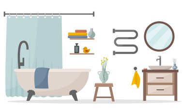 Düz vektör tarzında şık bir banyo. Aksesuarlar: Şampuan, duş jeli, sabun, raf, tabure, vazo, havlu. Sevdiğinle aşk..