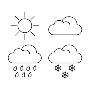 Basit çizgide 4 hava ikonu seti sanat, güneş, bulut, yağmur, kar