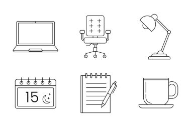 İş ve ofis çalışma alanı doğrusal simge koleksiyonu. Bilgisayar, masa lambası ve takvim sembolü gibi temel çalışma ögelerinden oluşan basit bir vektör kümesi