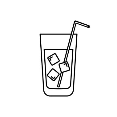 Minimalist siyah-beyaz çizgili sanat çizgisi, buz küpleri ve uzun bir bardakta pipetle canlandırıcı bir içecek tasvir ediyor.