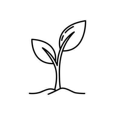 Bereketli topraktan çıkan iki yaprağı olan genç bir bitkinin minimalist siyah çizgili simgesi