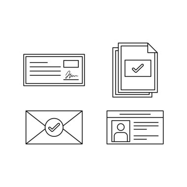 Onaylanmış belgelerin yer aldığı, idari görevler için modern satır sanat vektörü simgeleri