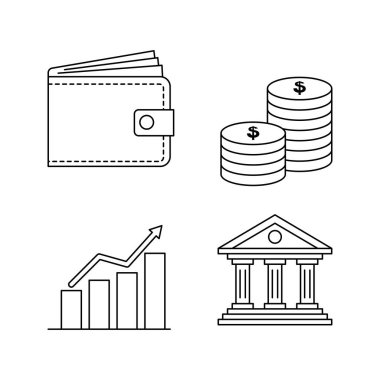 Para ve Finans Simgeleri Cüzdan, Bozuk Para, Büyüme Çizelgesi ve Banka Binası