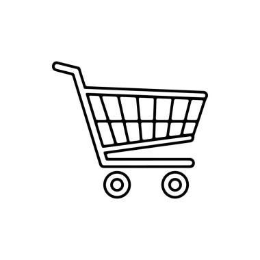 Beyaz arka planda boş bir alışveriş arabasının basit siyah beyaz çizimi