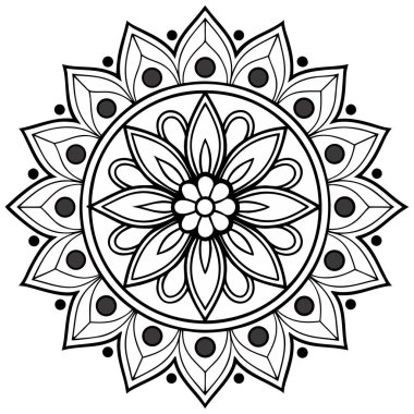 It features concentric circles containing a highly symmetrical floral pattern. The design radiates outwards from a small, six-petaled flower at the center, surrounded by layers of stylized lotus-like petals. Smaller, 